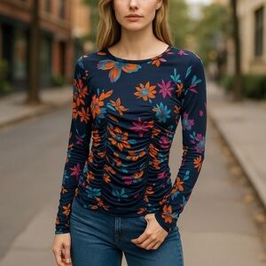 Circus NY Women's Imogen Ruched Long Sleeve Semi Sheer Top Size Large Nylon